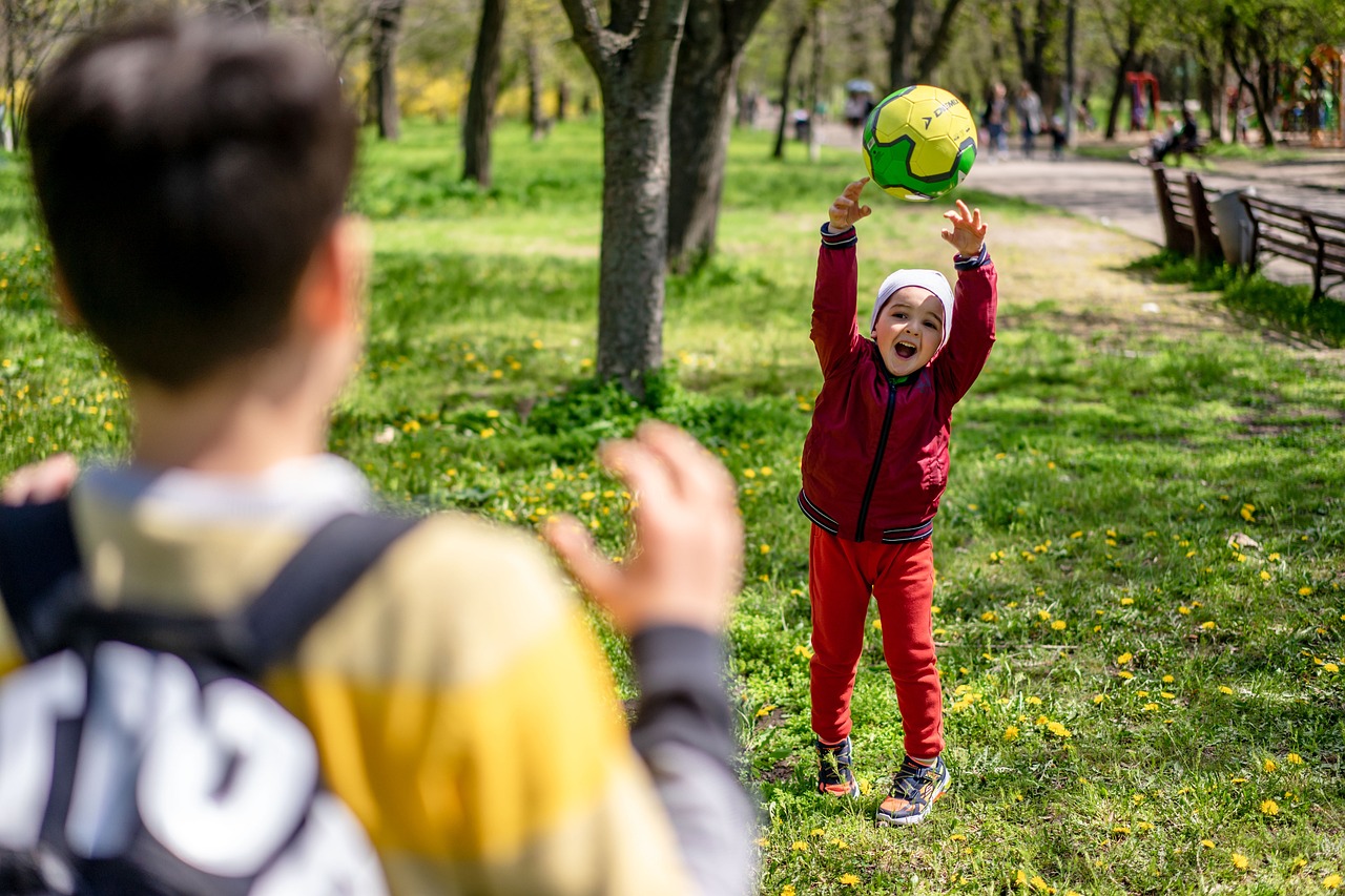 park, playing catch, kids, children, summer, childhood, nature, caucasian, outdoors